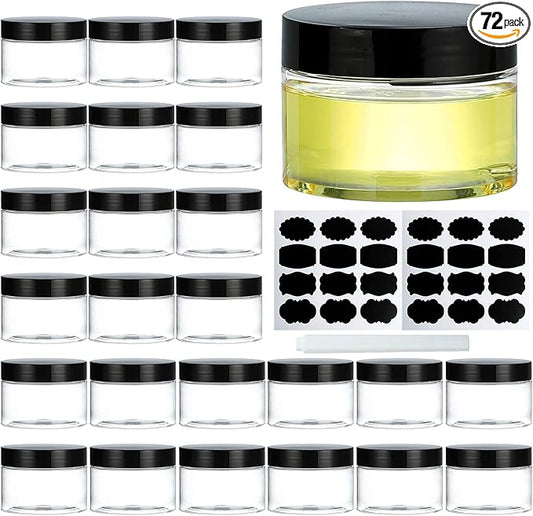 Plastic Jars with Lids, 72Pcs 4Oz Clear Plastic Travel Size Containers Storage Organizer for Slime Cosmetic Body Sugar Scrubs Beauty Supplies Leak Proof, Including 1 Pen and Labels