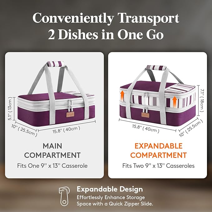 Lifewit Expandable Insulated Casserole Carrier for Hot or Cold Food, Double Decker Food Bag Lasagna Holder Carry Tote for Potluck Parties/Picnic/Cookouts, Fits 9"x13" Baking Dish, Purple
