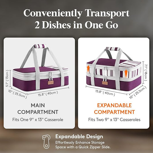 Lifewit Expandable Insulated Casserole Carrier for Hot or Cold Food, Double Decker Food Bag Lasagna Holder Carry Tote for Potluck Parties/Picnic/Cookouts, Fits 9"x13" Baking Dish, Purple