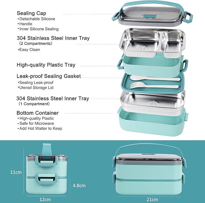 Stainless Steel Bento Box for Adults&Kids,Japanese Leakproof Lunch Box Divided Food Meal Storage Containers Set Stackable 2 Layer for Children School Picnic Matcha Green