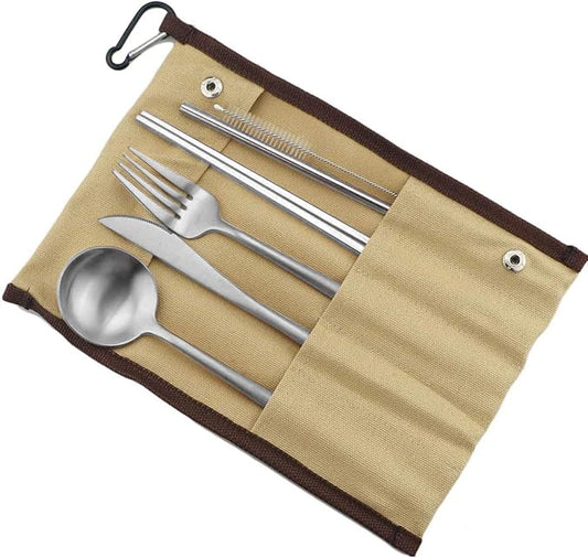 Reusable Travel Utensils, 7 Pieces Portable 18/10 Stainless Steel include Knife Fork Spoon Chopsticks Cleaning Brush Straws Portable Pouch, Eco-friendly Camping Silverware Set, Dishwasher Safe