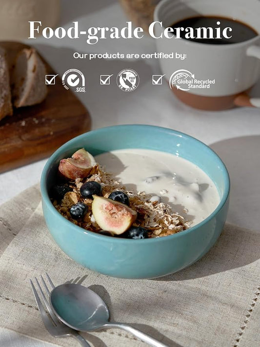 DOWAN 22 OZ Ceramic Soup Bowls & Cereal Bowls - 6" Classic Bowls Set of 4 for Soup, Cereal, Oatmeal, Fruit, Rice - Dishwasher & Microwave Safe (Turquoise)