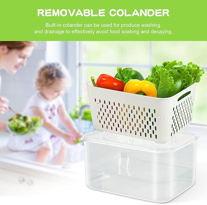 TBMax Fruit Storage Containers for Fridge Organizers and Storage, 4 Pack Large Produce Saver with Airtight Lid & Colander for Berry Lettuce Salad Vegetable Storage, Refrigerator Organizers