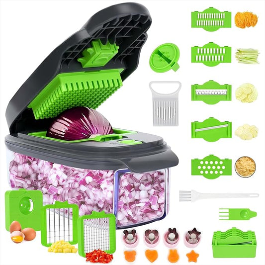 Vegetable Chopper Vegetable Chopper with Wave Blade Slicer and Star Molds for Food Art Trends (Gray & Green 13 in1)