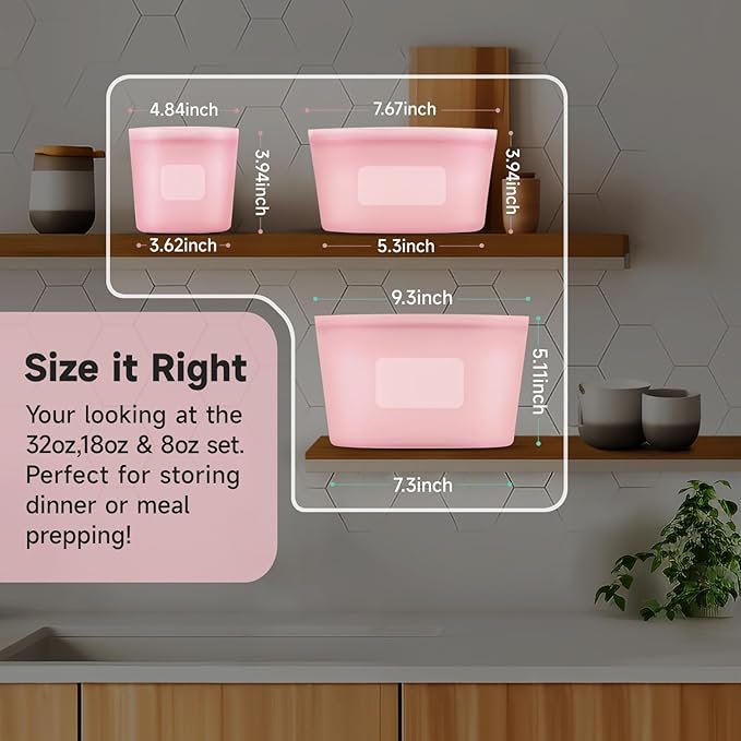 Reusable Silicone Storage Containers Bags Dishwasher Microwave Safe, BPA Free Silicone Bags, Reusable Gallon Freezer Bags for Sandwich, Cereal, Vegetable, Home Organization (Pink 8oz 18oz 32oz 3Pack)