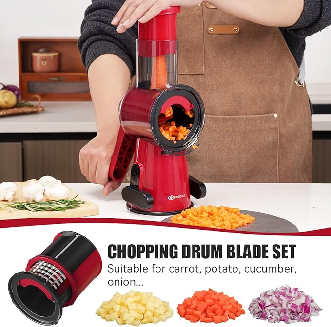 KEOUKE Manual Vegetable Chopper & Slicer - 2-in-1 Hand Crank Food Cutter with Cleaning Tools, Non-Slip Suction Base, Safety Pusher - Safe Effortless for Potato Carrot Onion - Red&Black
