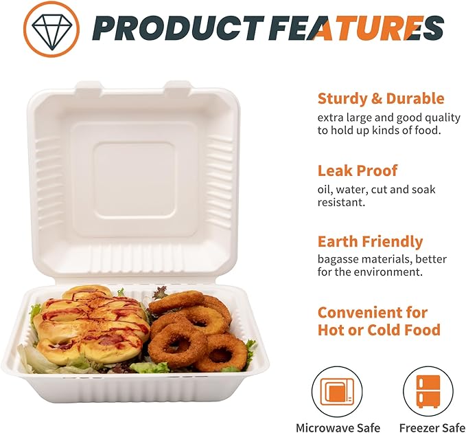 togo Containers Disposable - 50 Pcs 8" x 8" clamshell Take Out Food Containers 100% Compostable, White Biodegradable Meal Prep Box, To Go Containers with Lids for Food (1-Compartment)