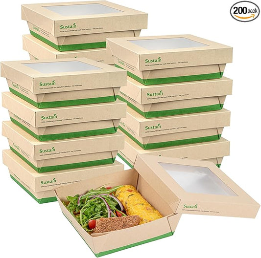 Restaurantware-34 Ounce Sturdy Paper Take Out Boxes, 200 Disposable Take Out Food Containers - With PLA lining, Paper Lid With Clear PLA Window, Bamboo Paper Containers, Compostable, Greaseproof