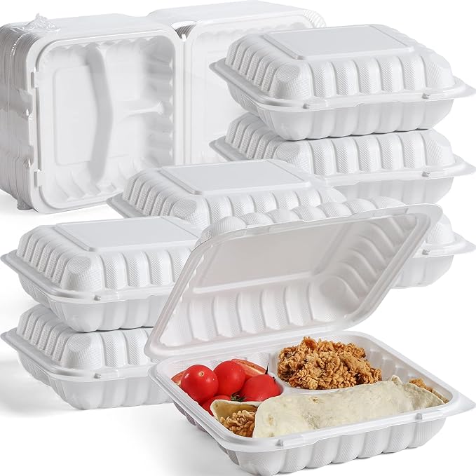 YANGRUI Clamshell Food Containers, 65 Pack 7.8 Inch BPA Free Reusable To Go Container 30 oz Shrink Wrap 3 Compartment Freezer and Microwave Safe MFPP Take Out Boxes