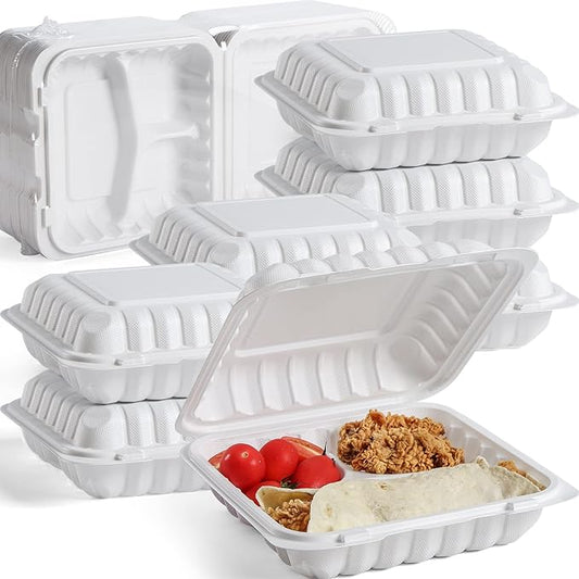 YANGRUI Clamshell Food Containers, 65 Pack 7.8 Inch BPA Free Reusable To Go Container 30 oz Shrink Wrap 3 Compartment Freezer and Microwave Safe MFPP Take Out Boxes