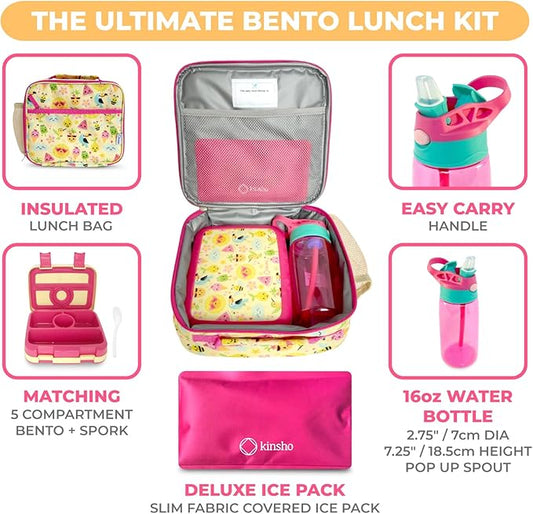 Bento Lunch Box with Insulated Bag, Water Bottle Ice Pack Set for Kids Toddlers, 5 Portion Sections, BPA Free Removable Tray, Pre-School Kid Toddler Daycare Lunches, Snack Container, Summer Set