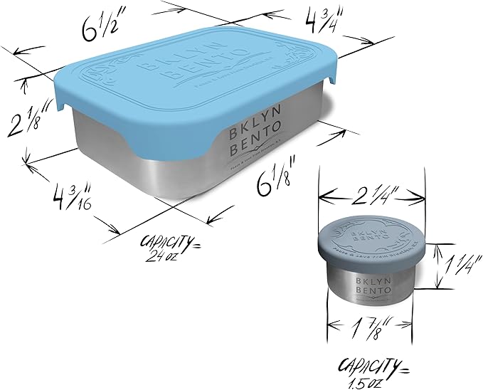 Stainless Steel Food Container & Condiment Holder | Leak Proof Silicone Lid | Metal Lunch Box | Bento Box | Portion Control Snacks Dressings [2 PCS Set/Blue]
