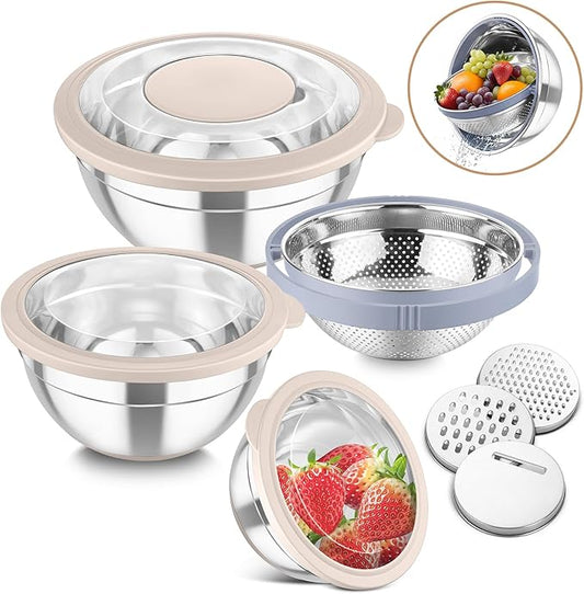 TeamFar Mixing Bowls with Colander Set, Stainless Steel Strainer and Nesting Salad Bowls, with Lids & 3 Graters, Non-Slip Bottom & Visible Lid, Rotatable & Dishwasher Safe, 4.6/3/1.5 QT, Khaki