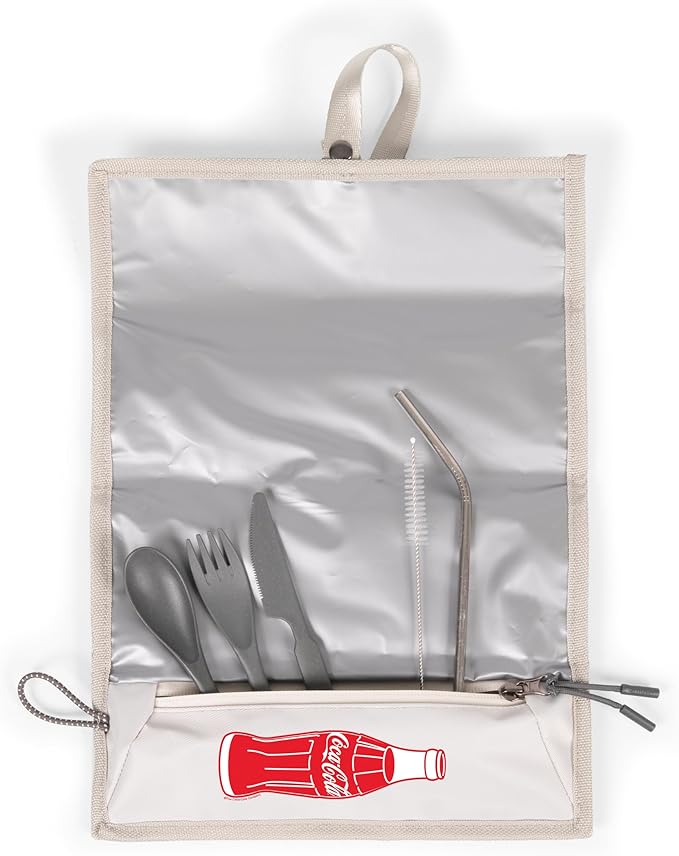 PICNIC TIME Coca-Cola Tarana Lunch Bag Cooler with Utensils Made from Recycled Material, Lunch Box with Picnic Set, Upcycled Lunch Cooler Bag, (Halo Gray)