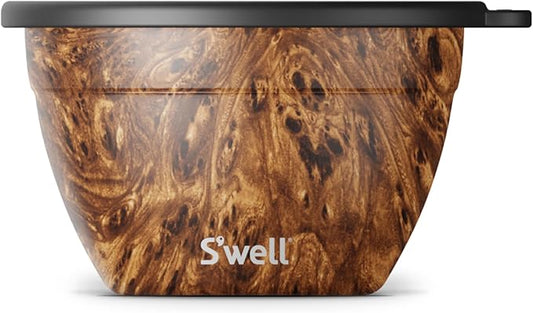 S'well Stainless Steel Salad Bowl Kit - 64oz, Teakwood - Comes with 2oz Condiment Container and Removable Tray for Organization - Leak-Proof, Easy to Clean, Dishwasher Safe