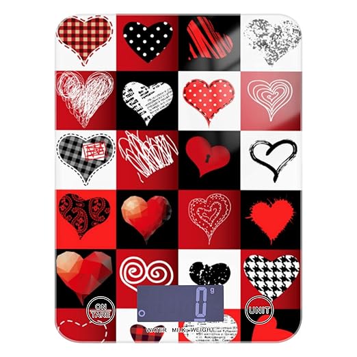 Food Scale Kitchen Digital Scale Food Ounces and Grams Dieting Baking Cooking Waterproof Glass Panels LCD Display,4 Units Scale Tare Function Valentine's Day Love Heart