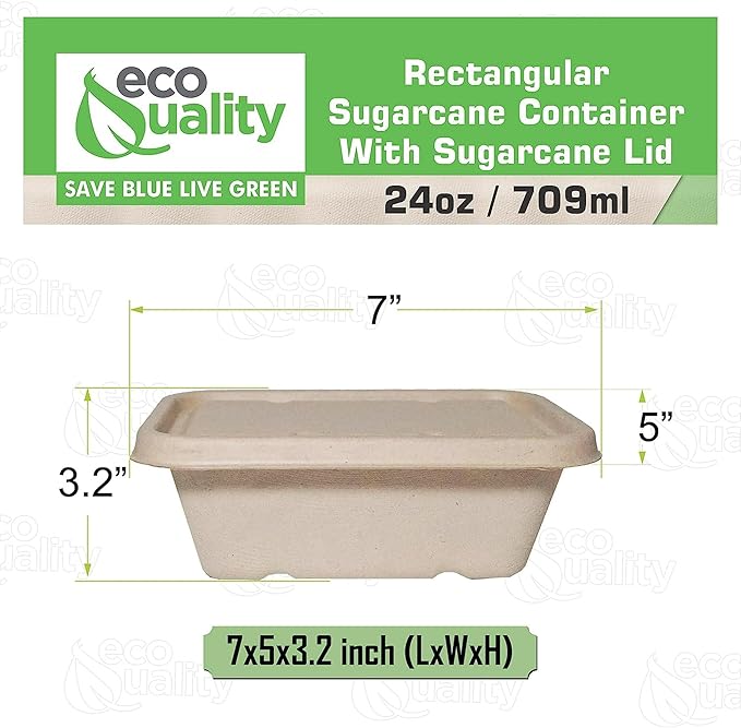 EcoQuality 24oz Disposable Bowls with Fiber Lids - Rectangular Compostable Sugarcane Fiber Biodegradable Paper Bowls Eco-Friendly Take Out Food Storage Containers, Microwave Safe, Meal Prep (500)