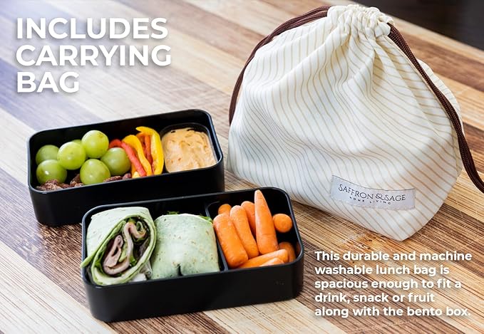 Saffron & Sage Bento Lunch Box - 42oz Black Japanese style Bento Box for Adults or Kids with Cutlery, Chopsticks, Sauce Container and Bento Bag - Leak proof, Dishwasher, Freezer, Microwave safe