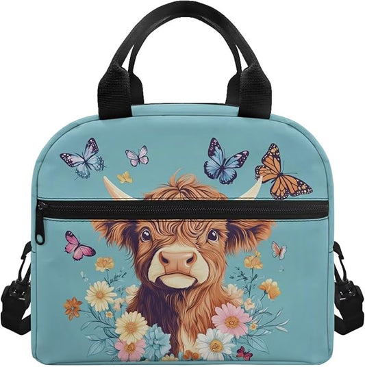 Showudesigns Highland Cow Lunch Bags for Girls 8-10 10-12 Insulated Lunch Box Women Food Cooler Tote Bags with Shoulder Straps Lunchbox Containers Butterfly Travel Bag Picnic Bags