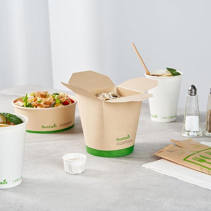 Restaurantware Sustain 32 Ounce Sturdy Paper Take Out Boxes, 200 Disposable Take Out Food Containers - With PLA lining, Compostable, Bamboo Paper Containers, Built-In Tab-Lock Cover, Greaseproof
