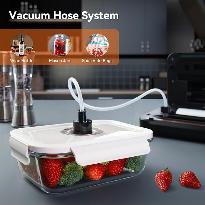 Vacuum Sealer Machine, Food Sealer Machine 80KPA Automatic 8-IN-1 for Food Saving Dry/Moist Mode with Build-in Cutter&Storage, Digital Countdown, Air Suction Hose, 2 Roll-Bags, 11 Vacuum Bags