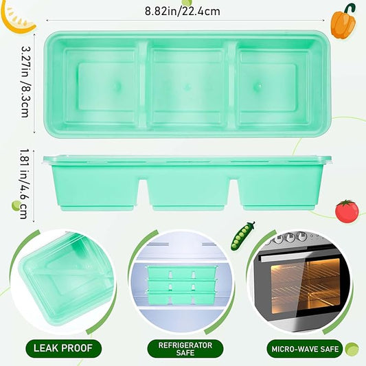 Hushee 100 Pack 17 oz Green Small Meal Prep Containers 3 Compartments with Lids Disposable Plastic Bento Boxes Travel Lunch Food Boxes Reusable Stackable for Office Picnic