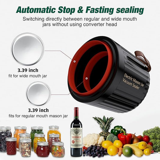 Electric Mason Jar Vacuum Sealer Kit，Upgraded 4 in 1 Automatic Stop Mason Jar Vacuum Sealer for Wide and Regular Mouth Mason Jars Wine Bottle Food Storage Box Vacuum Bag