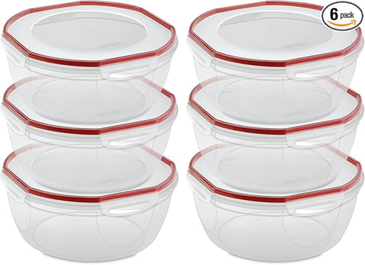 Sterilite Ultra-Seal 8.1 Qt Bowl, Large Airtight Food Storage Container, Latching Lid, Microwave and Dishwasher Safe, Clear With Red Gasket, 6-Pack
