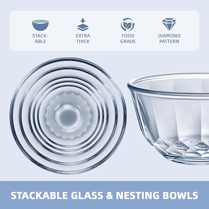 Glass Mixing Bowls with Lids Set of 5（4.70QT,2.85QT, 1.69QT,1.11QT,0.85QT,Glass Bowls with Lids,Large Salad Bowls Space-Saving Nesting for Cooking,Baking,Prepping,Dishwasher Safe
