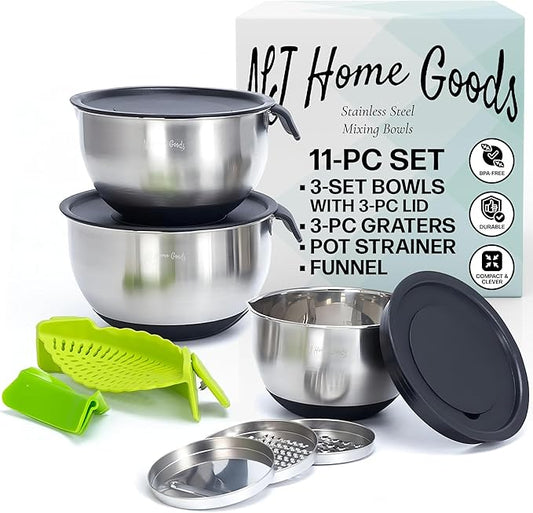 Stainless Steel Mixing Bowl Holiday Barbecue Must Have: Lids Pour Spout Ergonomic Handles For Kitchen With Non Slip Silicone Base Strainer Graters For Kitchen Gift Set