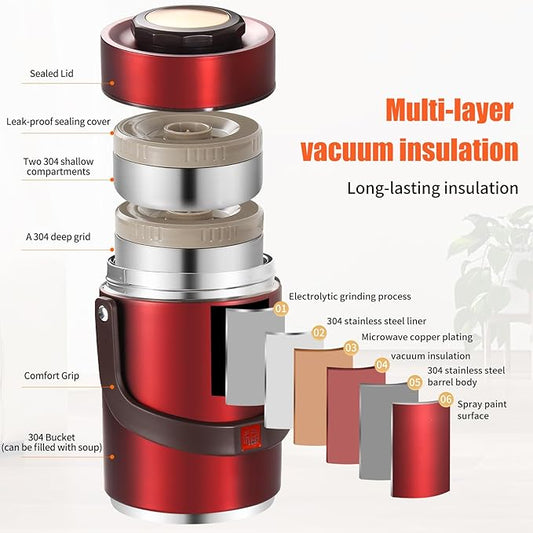 67 Oz Adults Stainless Steel Vacuum Soup Thermos For Hot Food with Inserts Stackable Bento Box and Lunch Bag,Width Mouth Portable Nsulated Food Jar Lunch Container (red, 67 oz)