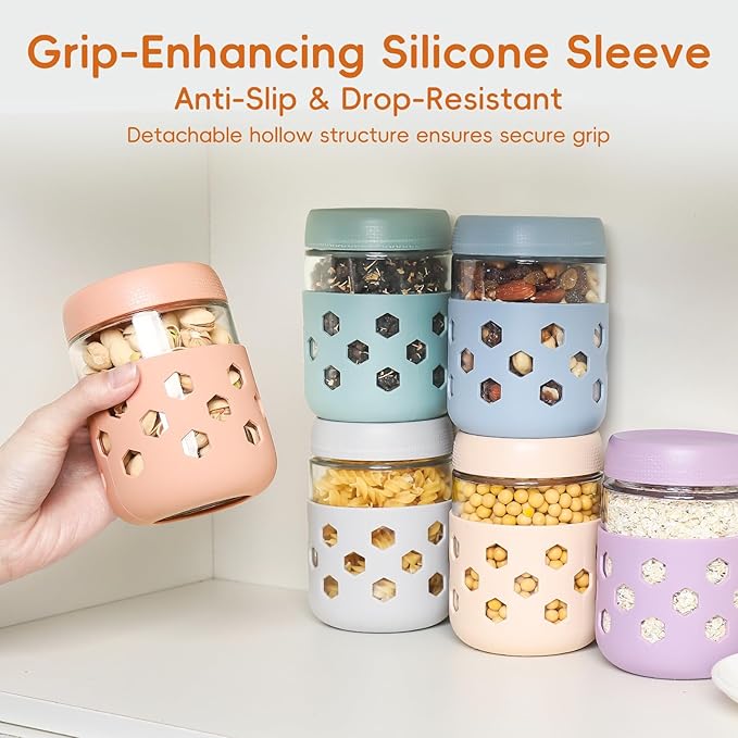 6-Pack Overnight Oats Containers with Lids and Protective Silicone Sleeve, 16 oz Glass Chia Pudding Jars with Airtight Lid, Mason Salad Meal Prep Jars for Yogurt Oatmeal