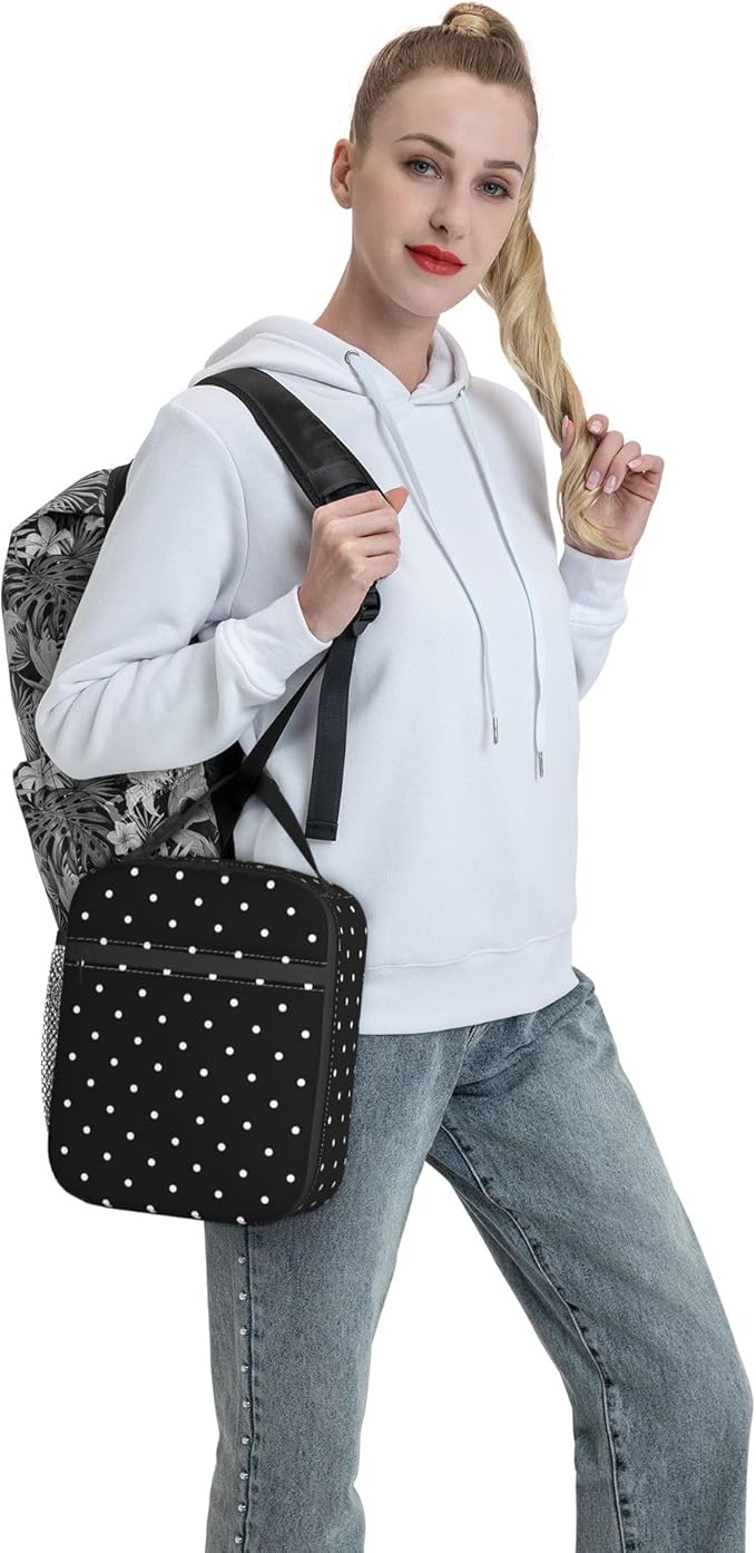 Polkadot Polka Dot Black And White Insulated Lunch Bag Portable Reusable Zipper Lunch Box For Men Women Work Picnic Travel Camping
