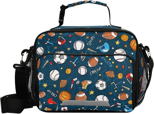 Pfrewn Lunch Bag for Women Men Baseball Football Ball Pattern Insulated Lunch Box Tote Large Cooler Bag for Office Picnic 11x4.3x9inch