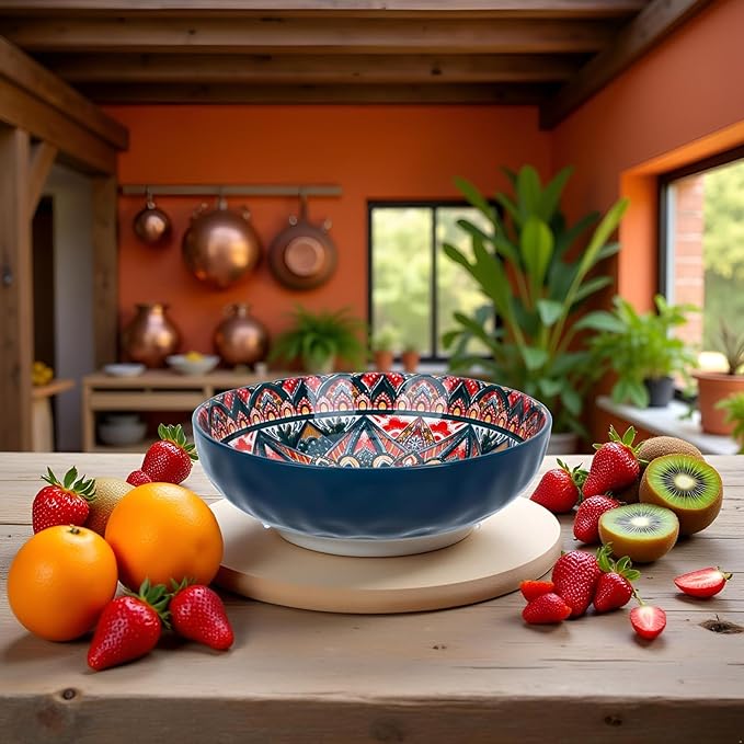 OZY Large Serving Bowls，10 inch Ceramic Salad Bowls，Ideal Housewarming Gift，Vibrant Color Soup Bowls for Party，Pasta，Fruit，Dishwasher & Microwave Safe Soup Bowls (Blue)