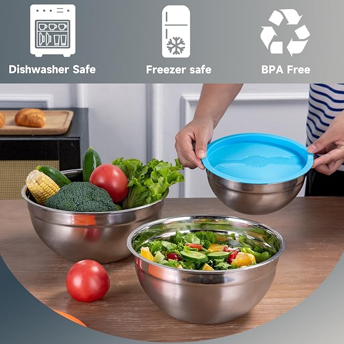 Mixing Bowls Set of 5,Stainless steel Nesting Bowls with Airtight Lids,Size 5, 4, 3.5, 2, 1.5QT for Baking,Cooking,Prepping and Saving Food (BLACK, 5PCS)