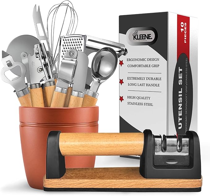 10-Piece Wooden Handle Kitchen Utensils Set, Stainless Steel Cooking Utensils Set, Ergonomic Design, Durable and Comfortable Grip With Knife Sharpener, Garlic Press, Can Opener, Pizza Cutter