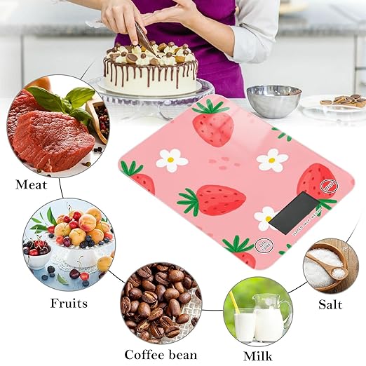 Food Scale Kitchen Digital Scale Food Ounces and Grams Dieting Baking Cooking Waterproof Glass Panels LCD Display,4 Units Scale Tare Function Strawberry