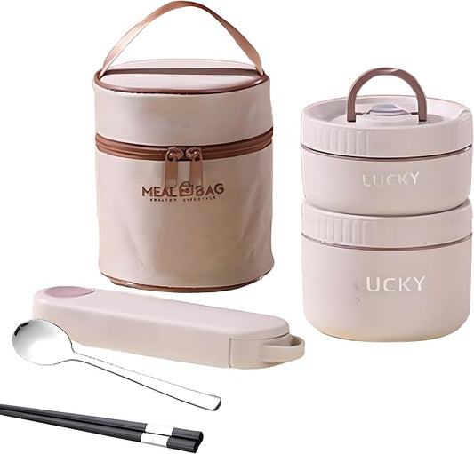 Stainless Steel Lunch Box, 3-Tier Insulated Bento Box Microwave Safe Soup Bowl for Adults, Thermal Food Container for Office Workers (Beige, 2pcs + Tableware + Insulated Bag)