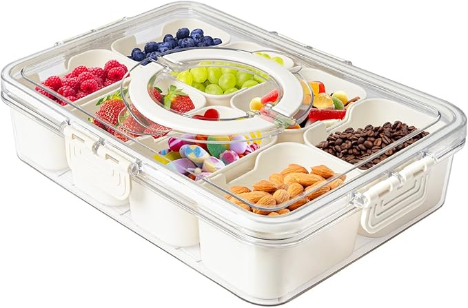 MineSign Divided Snackle Box with Handle Food Serving Tray Charcuterie Board with Lid Stackable Fruit&Veggie Container with 8 Small with Removable Boxes for Travel Snack Candy Nuts Spice