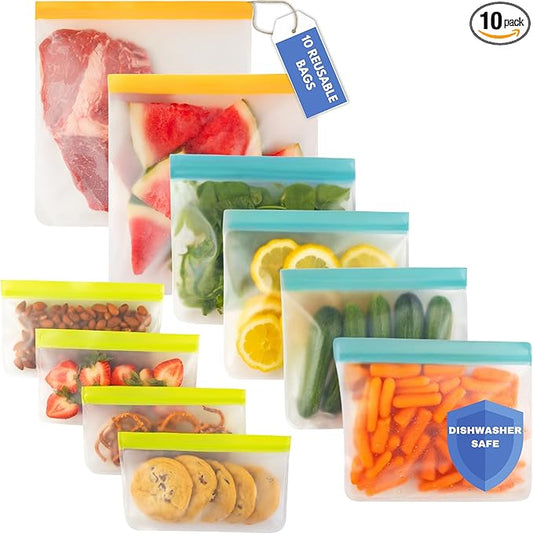 10 Pack Dishwasher Safe Reusable Food Storage Bags - Extra Thick Leakproof Silicone Freezer Bags, Reusable Lunch Bag for Salad Fruit Travel - 2 Gallon, 4 Sandwich, and 4 Snack Bags