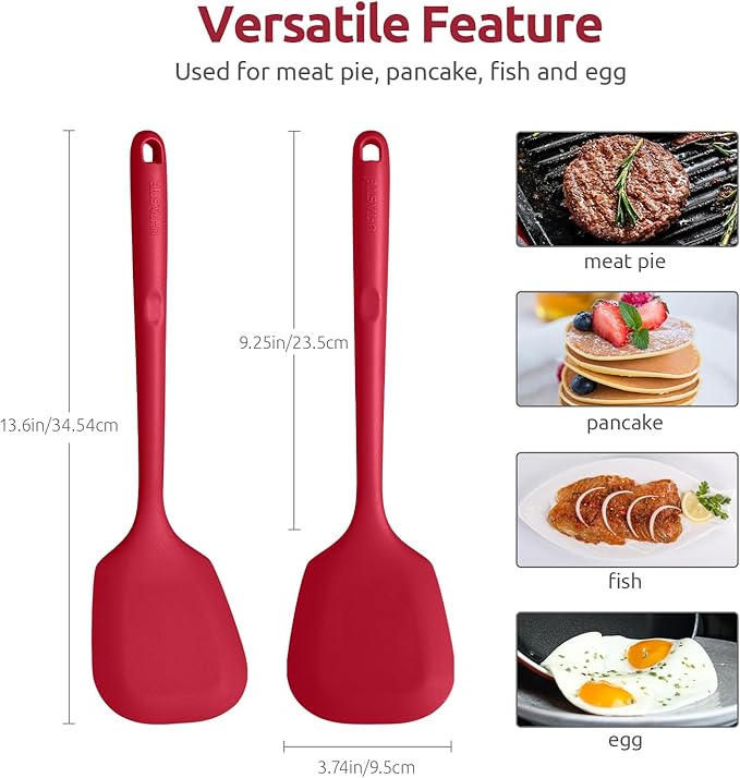 U-Taste 600ºF Heat Resistant 13.6in Long Solid Silicone Turner Spatula, and 18/8 Stainless Steel Square Measuring Spoons Set of 8 (Red+Silver)