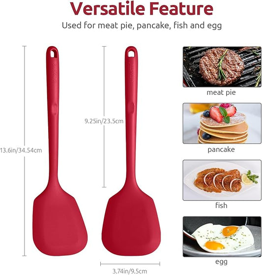 U-Taste 600ºF Heat Resistant 13.6in Long Solid Silicone Turner Spatula, and 18/8 Stainless Steel Square Measuring Spoons Set of 8 (Red+Silver)