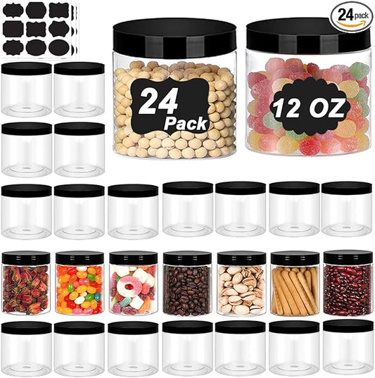 24 Pack Plastic Jars With Lids 12 OZ PET Plastic Jars Round Plastic Slime Storage Jars Wide Opening Clear Empty Plastic Jars with Screw On Lids For Dry Food Kitchen Craft Storage