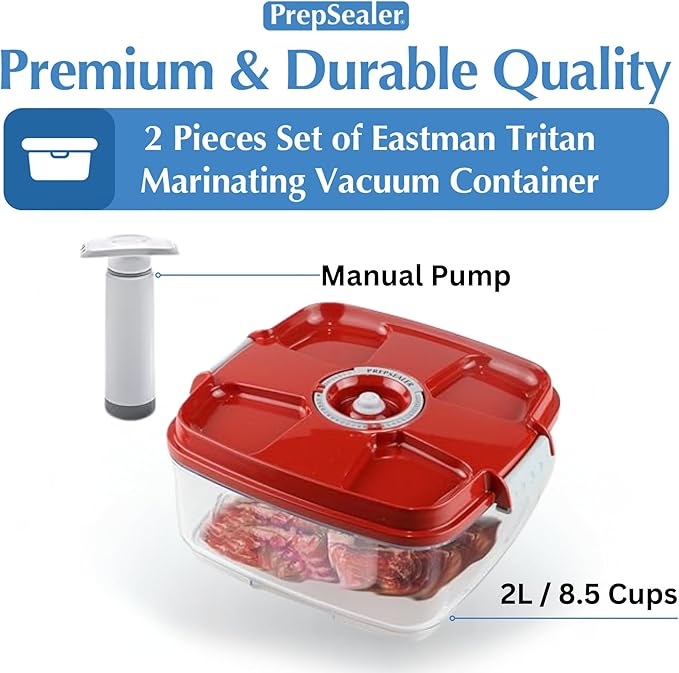 Marinating Vacuum System Container-Makes Food Tastier, Juicier, Healthier and More Tender (2 Liter, Square Shape, Tritan Material, Red Color, Manual Hand Pump Included)