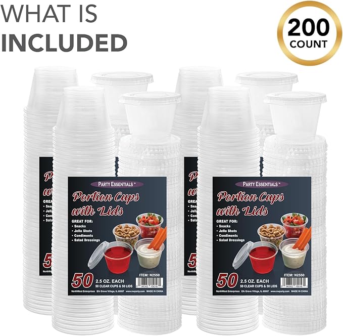 Party Essentials Squeezable Plastic Gelatin/Jello Shot Glasses/Portion Souffle Cups/Condiment Sauce Containers with Lids, 200 Sets, 2.5 oz. Clear