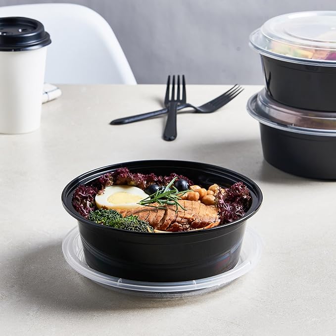 32 oz 50 ct Round Meal Prep Containers with Lids Plastic Food Storage Lunch Plan To Go Box Disposable Take Out Bowls BPA Free Durable Stackable Microwave Freezer Safe (Formerly FULING)