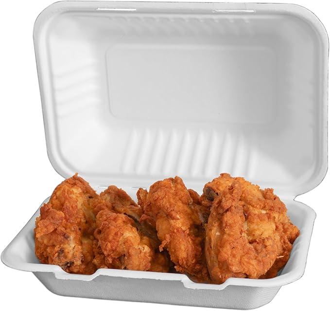‌LxinsECO 9X6 Inch Clamshell Containers (75-pack), Disposable Compostable Bagasse Dessert & Sandwiches Boxes, Microwave & Freezer Safe for Restaurants, Picnic, To-Go Meals Out