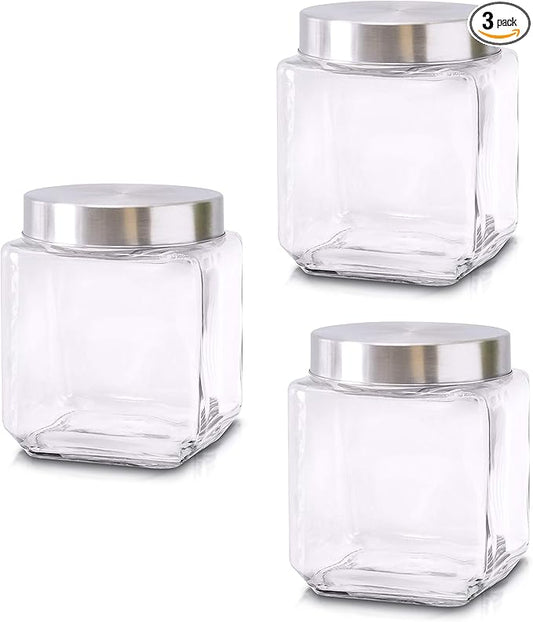 Food Storage Containers – Set of 3 Glass Jars with Stainless Steel Lids – Square Glass Containers for Coffee, Spices, Beans and Food – Reinforced Lid for Secure Closure – 40oz