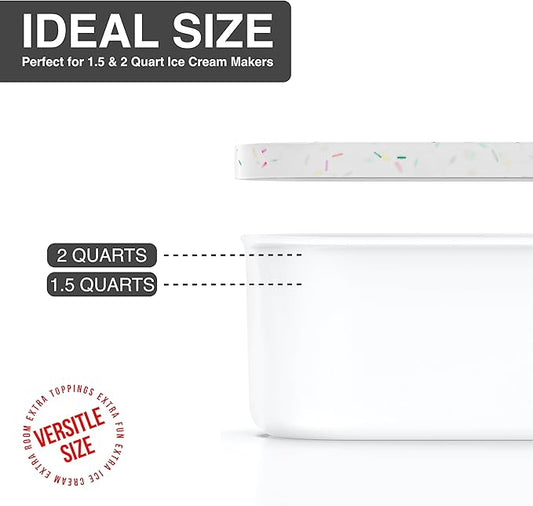 BALCI,Ice Cream Container,2 Quart,Perfect Reusable Freezer Storage for Homemade Ice Cream Tubs for Sorbet, Frozen Yogurt and Gelato!,Flexible Silicone Lids, Long Scoop, Stackable,White with Sprinkles